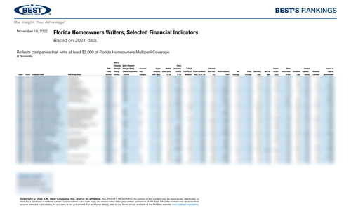 2022 Best’s Rankings: Florida Homeowners Writers, Selected Financial Indicators